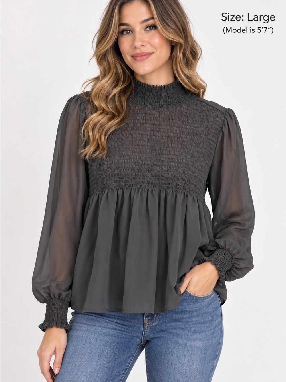 Ardene Black Smocked High Neck Sheer Sleeve Peplum Blouse – Large